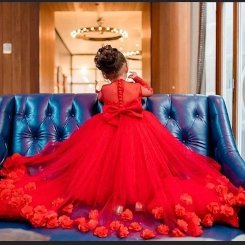 Red Floral Tulle Ball Gown Dress